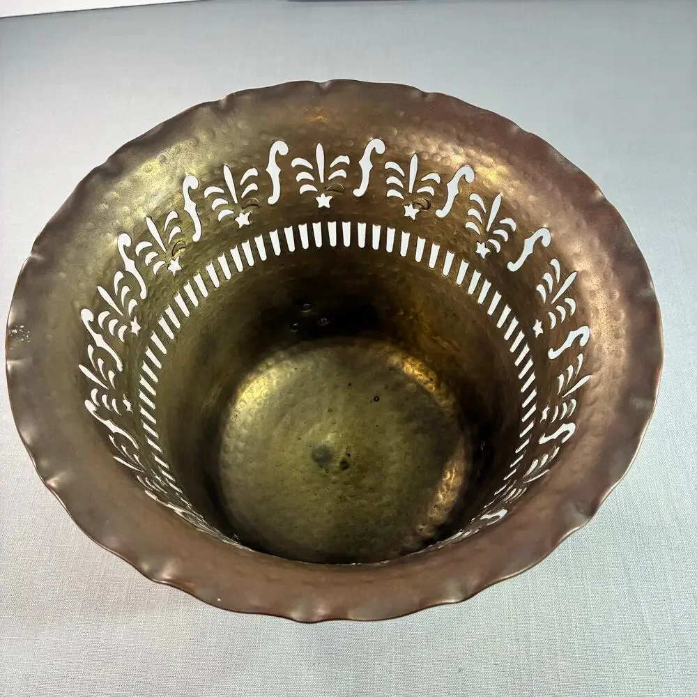 Vintage Solid Brass Planter Cachepot Jardiniere Pierced Footed Made In India